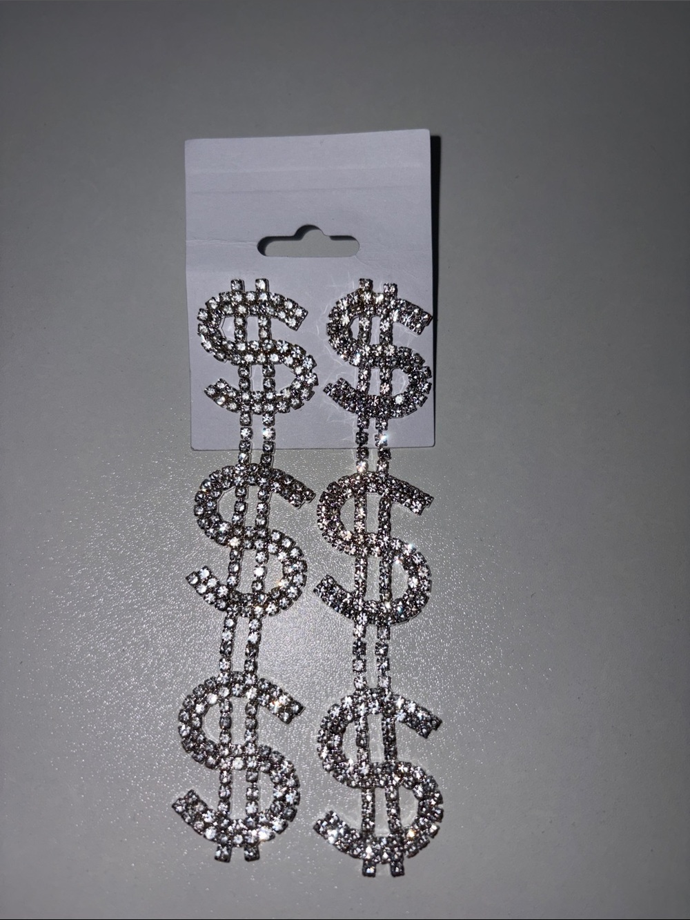 Sparkling Dollar Sign Drop Earrings - Silver Rhinestone Statement